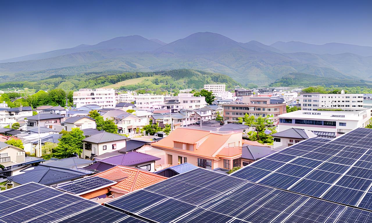 長野県小諸市の住宅と事業施設に設置された太陽光パネルを見渡す風景