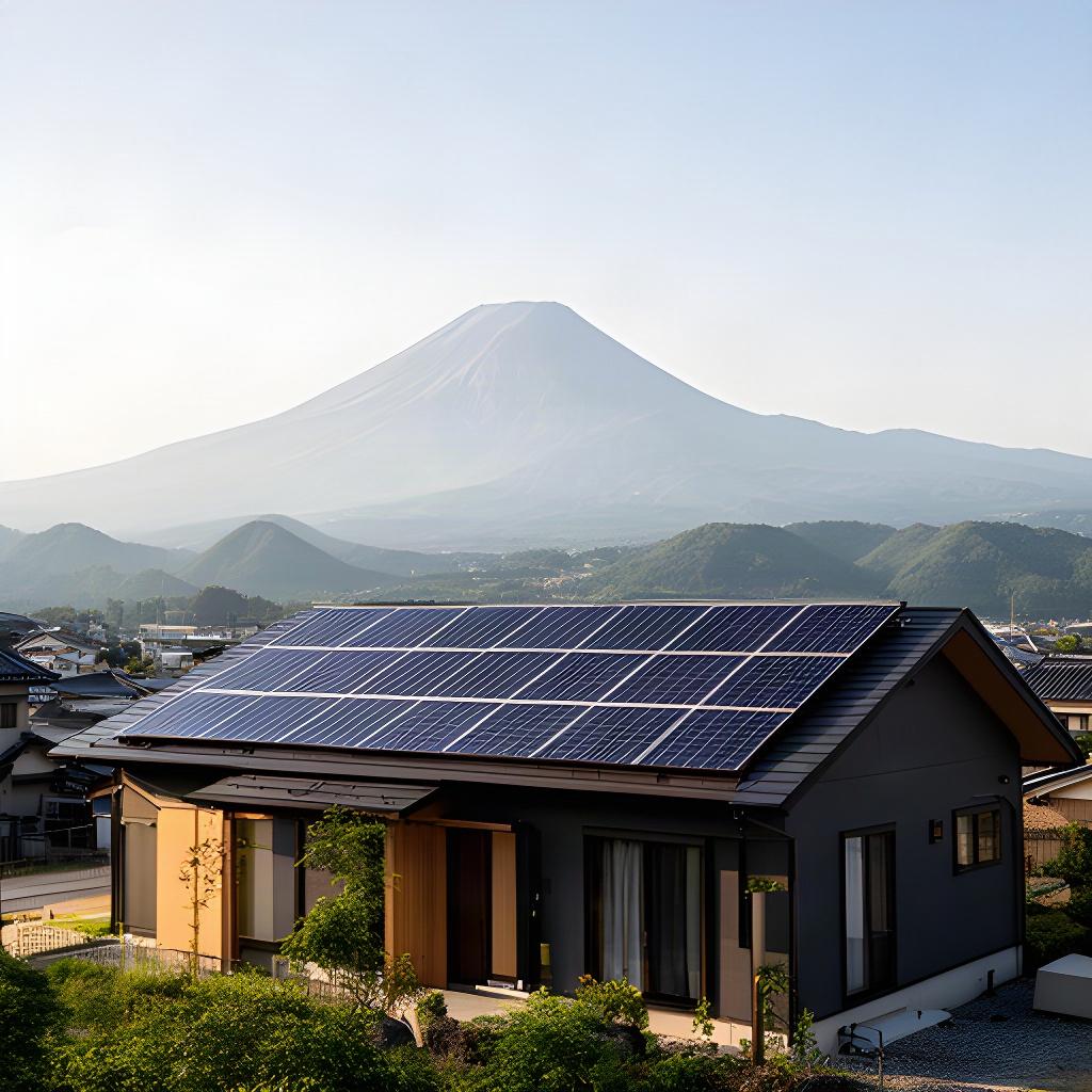 小諸市の住宅屋根に設置された太陽光パネルと浅間山を望む風景